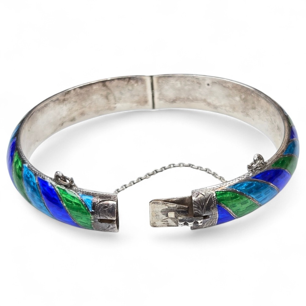 Vintage Sterling Silver 925 Enamel Blue Green Hinged Bangle Bracelet Earring Set - Picture 5 of 13